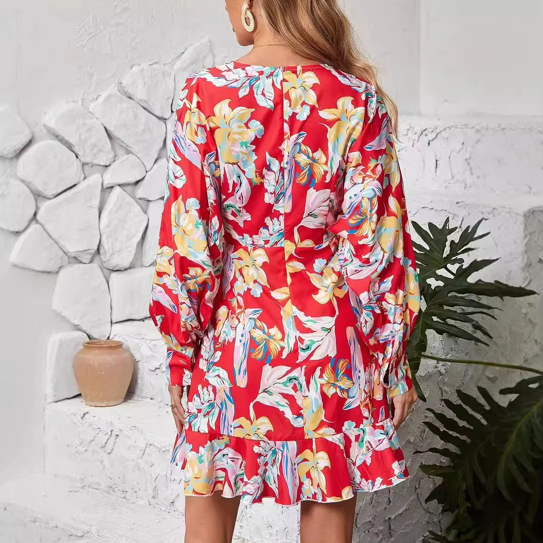 Women's printed short dress – V-neck, irregular hem, chiffon, summer, Amazon hot-selling, casual elegant