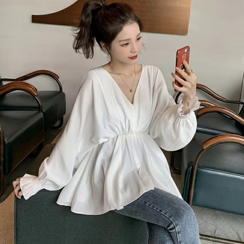 V-Neck Leisure Shirt – New Design, Waist-Cinching, Slimming Fashionable Long-Sleeve Women's Shirt