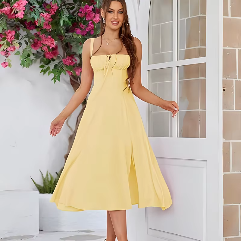 Women's floral sundress – spaghetti strap, fishbone, A-line midi, crisscross, high slit, summer beach