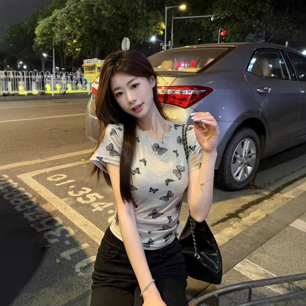 Butterfly Print Women's T-shirts – Hot-Selling Round Neck, Fashionable Tops
