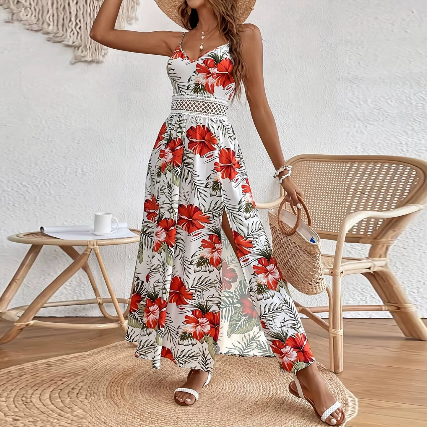 Women's sweet bohemia chiffon maxi dress – sleeveless, floral print, split, for parties