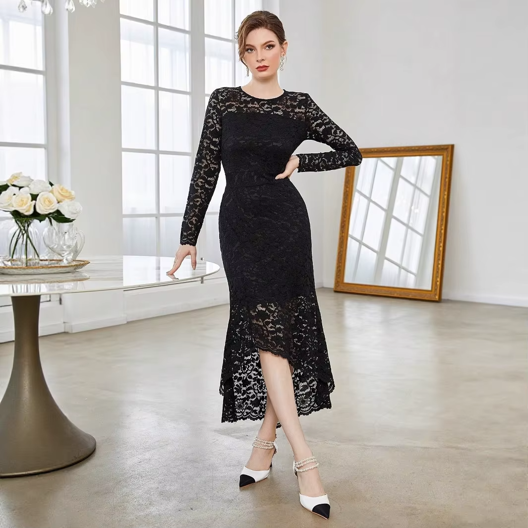 Women's black maxi dress – summer, long sleeve, A-line, lace trim, versatile