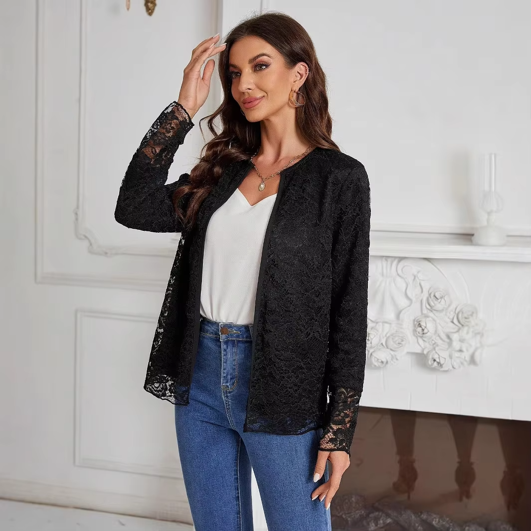 Chic Women's Spring-Summer Blazer – Elegant Office Outerwear, Lace Trim, Solid Color