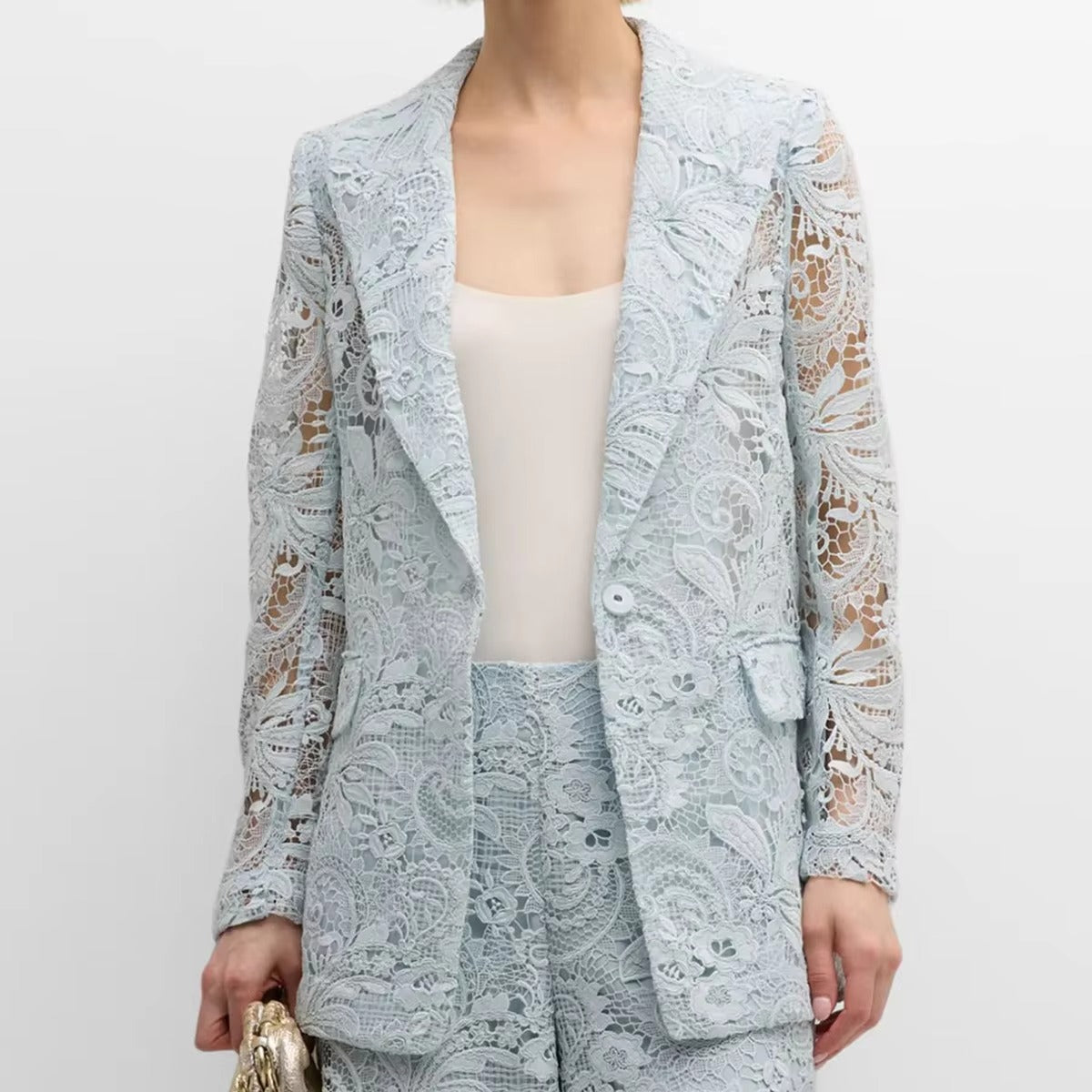 Embroidered Lace Lapel Pants Suit – Long Sleeve, Formal Evening Wear for Autumn & Winter