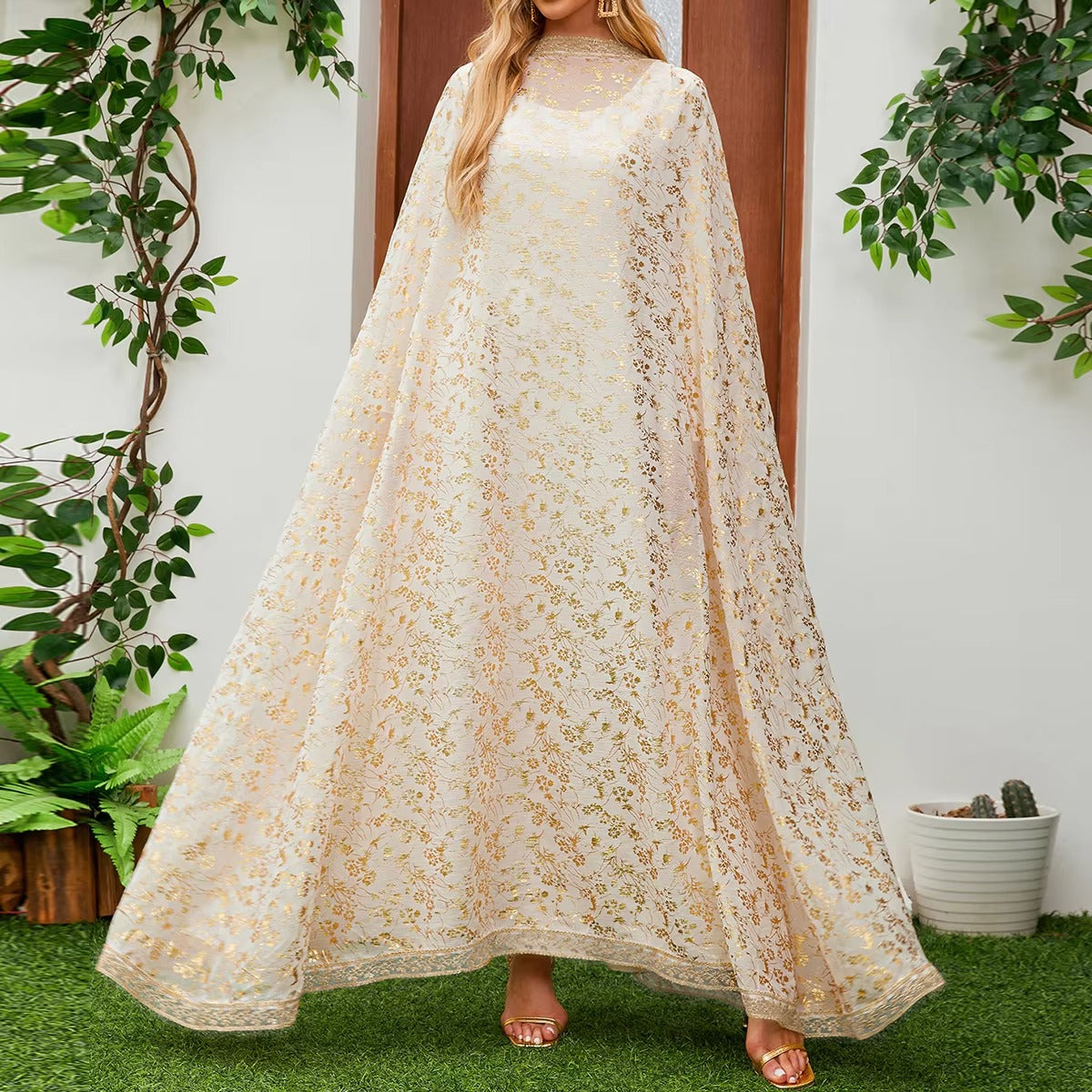 Gilded Two-Piece Set – Shawl Included, Lace-Embroidered, Middle Eastern Arabic Robe, Muslim Clothing
