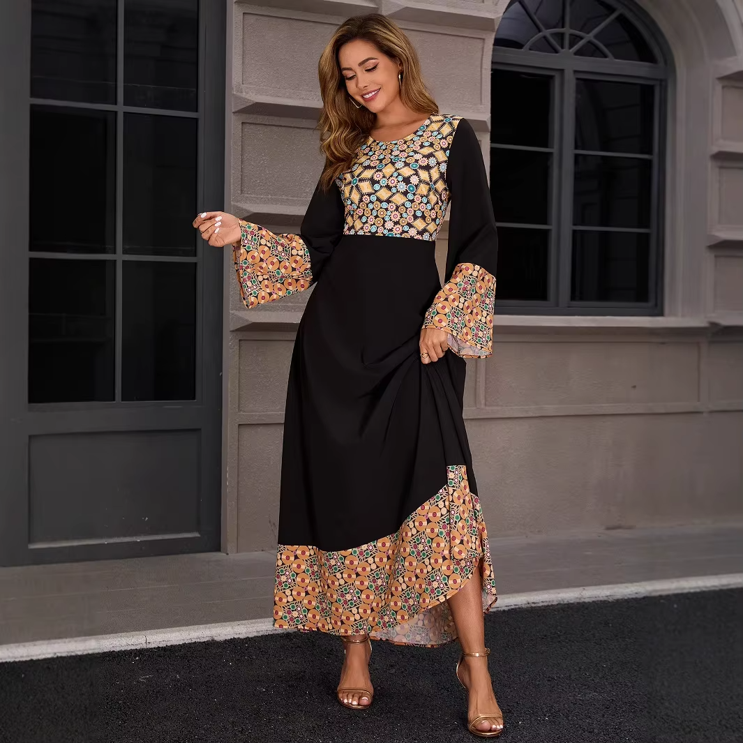 Dubai Vintage Muslim Evening Dress Set – Chiffon-Spliced, Printed Two-Piece, Middle Eastern Abaya