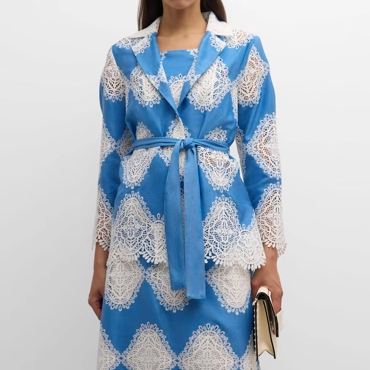 Lace-Embellished Two-Piece Set – Long-Sleeve Traditional Jacket & Ankle-Length Embroidered Skirt Dress