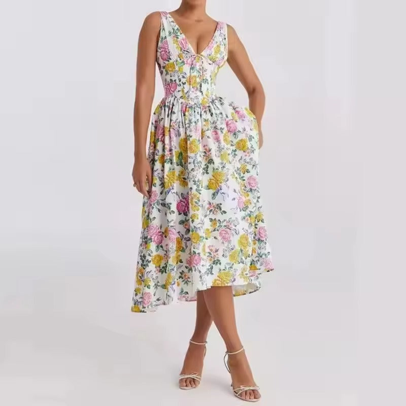 Summer printed dress – V-neck, slim, sexy halter, vacation, elegant empire