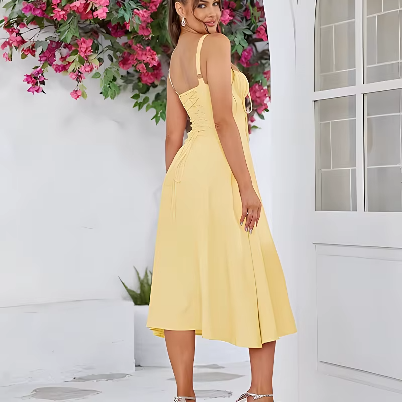 Women's floral sundress – spaghetti strap, fishbone, A-line midi, crisscross, high slit, summer beach
