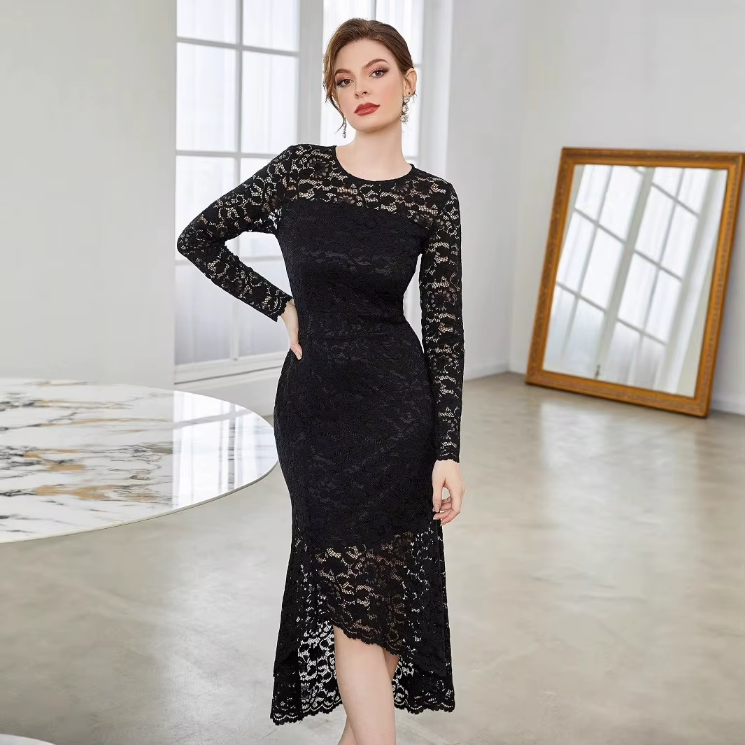 Women's black maxi dress – summer, long sleeve, A-line, lace trim, versatile