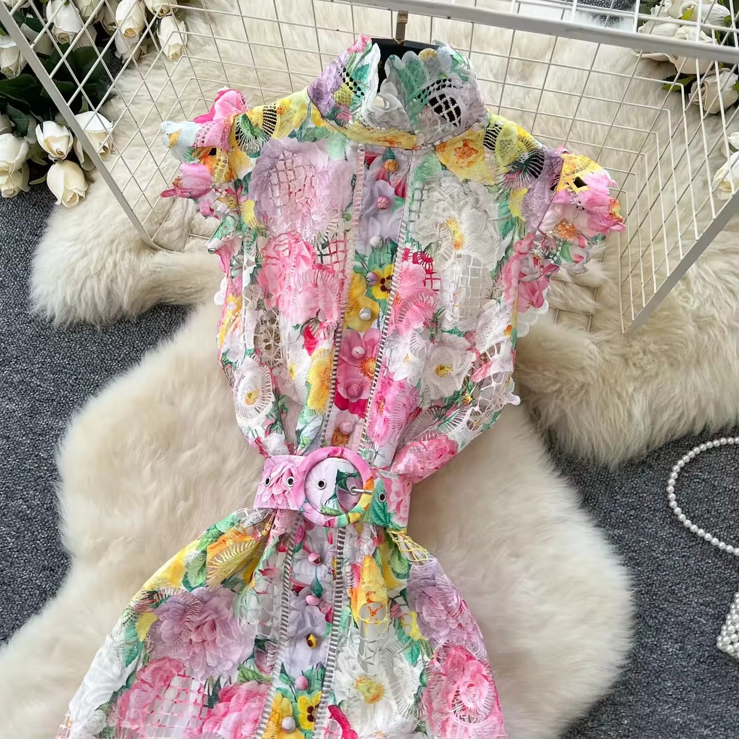 Wholesale vintage satin maxi dress – elegant, floral, natural hook lace, women's