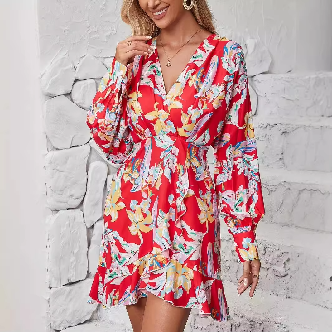 Women's printed short dress – V-neck, irregular hem, chiffon, summer, Amazon hot-selling, casual elegant