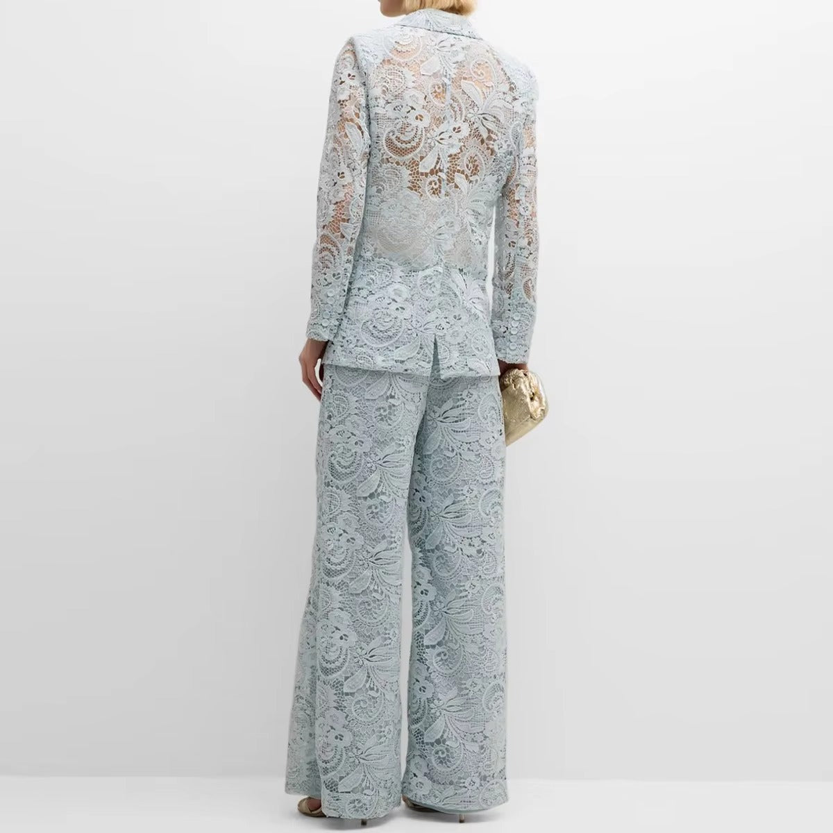 Embroidered Lace Lapel Pants Suit – Long Sleeve, Formal Evening Wear for Autumn & Winter