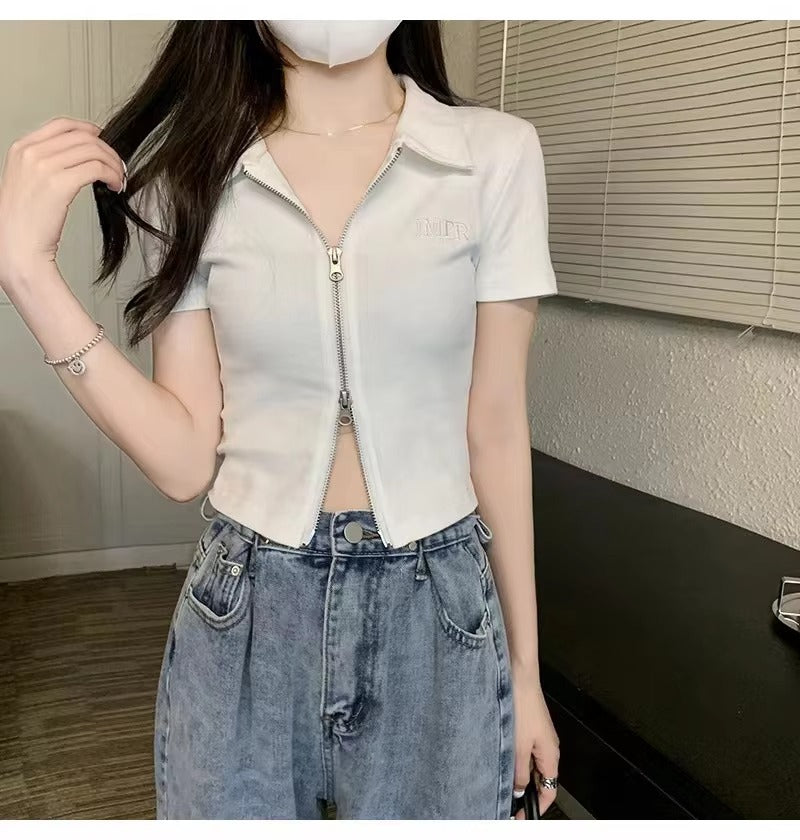Slim-Fit Short-Sleeve Blouse – Open Front, Zippered Women's T-shirt