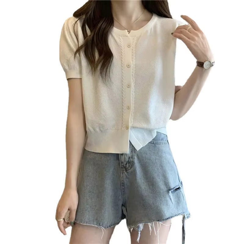 Women's 2025 Spring New Knitted Coat – Vintage Short-Sleeve, Fashionable Outerwear & Chic Tops