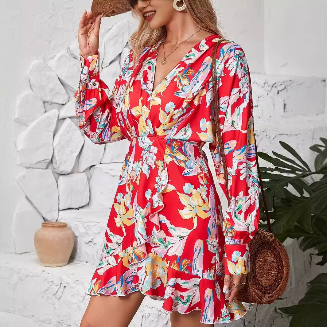 Women's printed short dress – V-neck, irregular hem, chiffon, summer, Amazon hot-selling, casual elegant