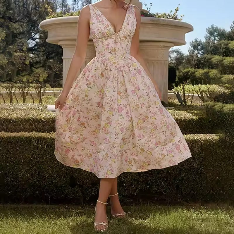 Summer printed dress – V-neck, slim, sexy halter, vacation, elegant empire