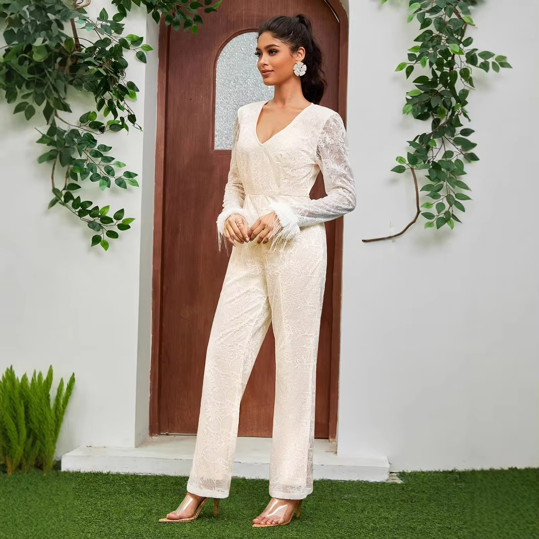 2025 Women's Deep V Lace Jumpsuit – Sexy Long-Sleeve, Above-Knee, New Style for Parties