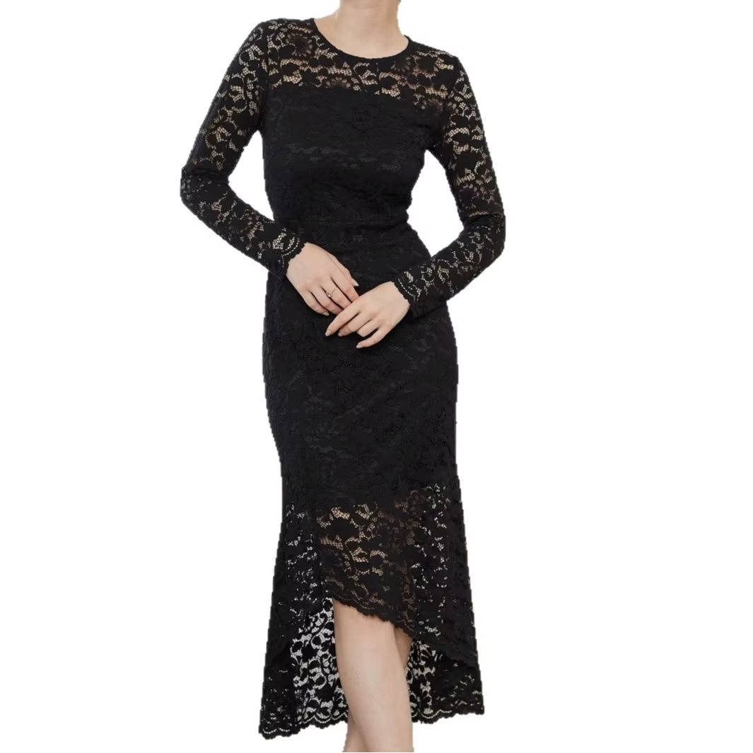 Women's black maxi dress – summer, long sleeve, A-line, lace trim, versatile