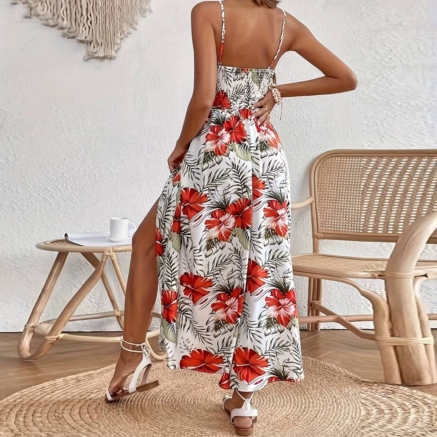 Women's sweet bohemia chiffon maxi dress – sleeveless, floral print, split, for parties