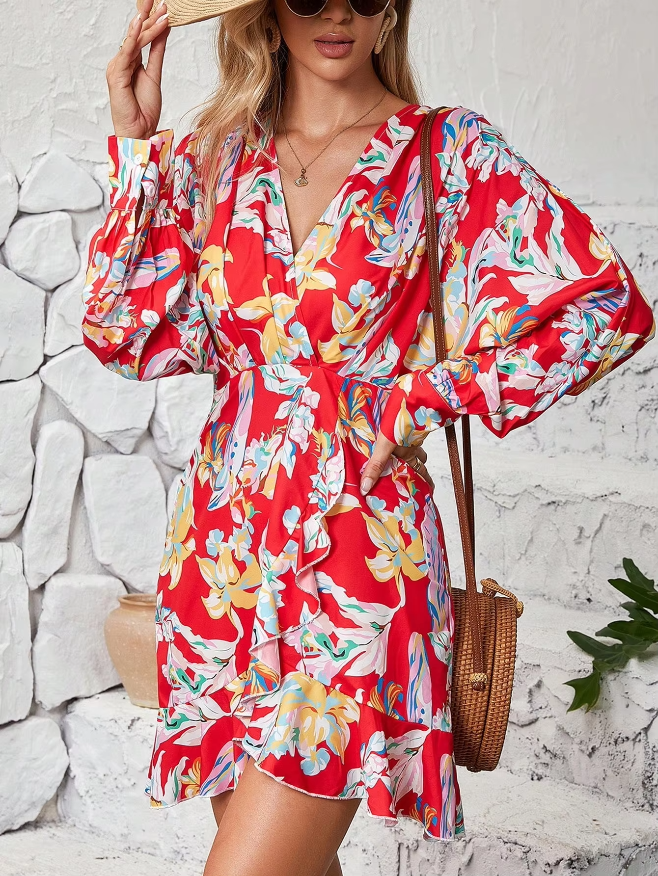 Women's printed short dress – V-neck, irregular hem, chiffon, summer, Amazon hot-selling, casual elegant