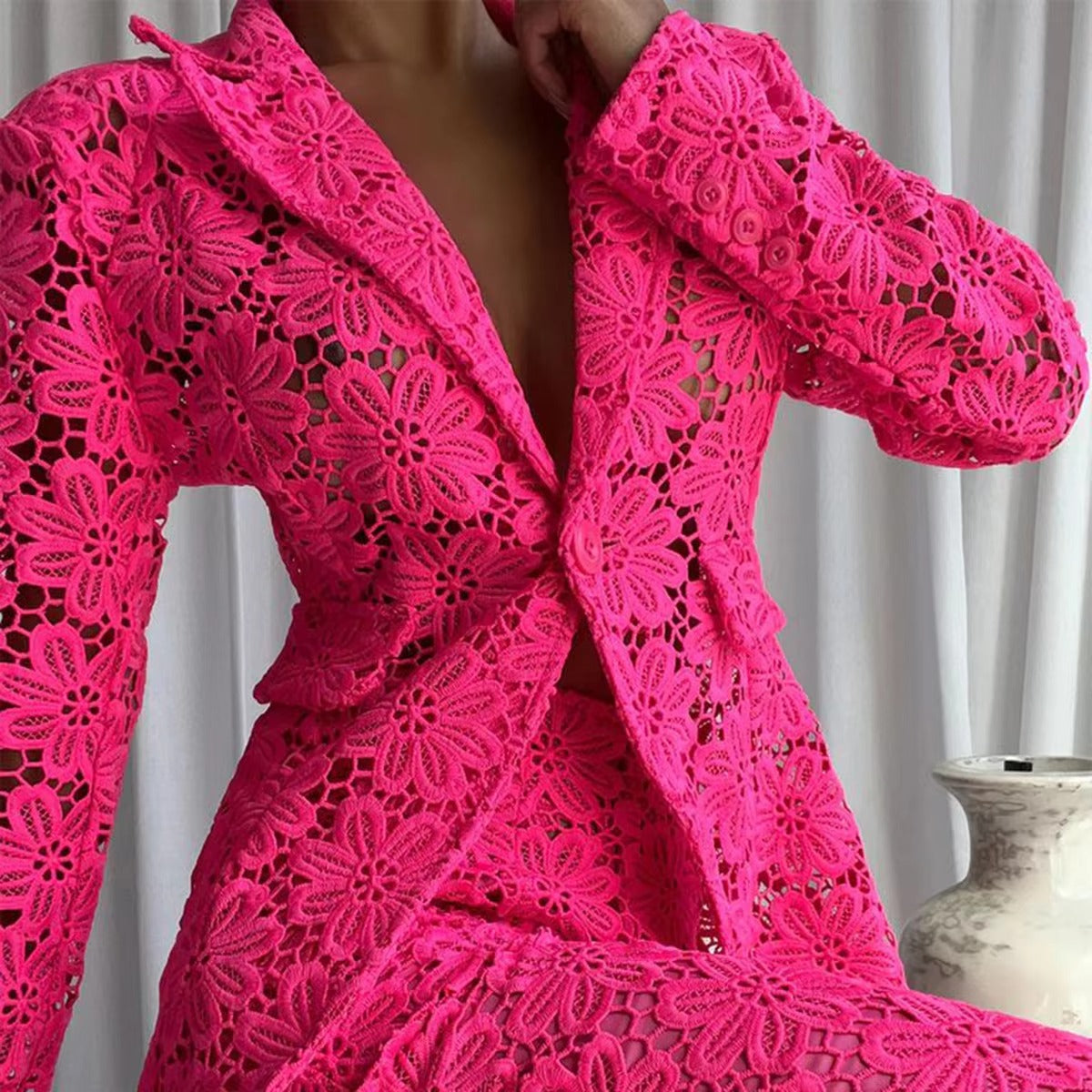 Women's Lace Long-Sleeve Trouser Suit – Elegant for Weddings, Cocktail Parties & More