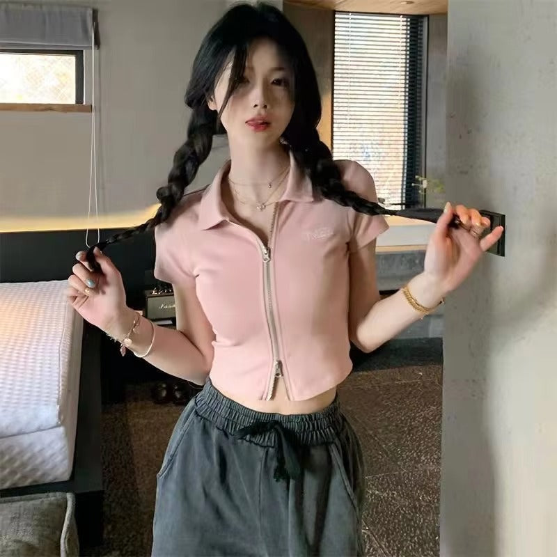 Slim-Fit Short-Sleeve Blouse – Open Front, Zippered Women's T-shirt