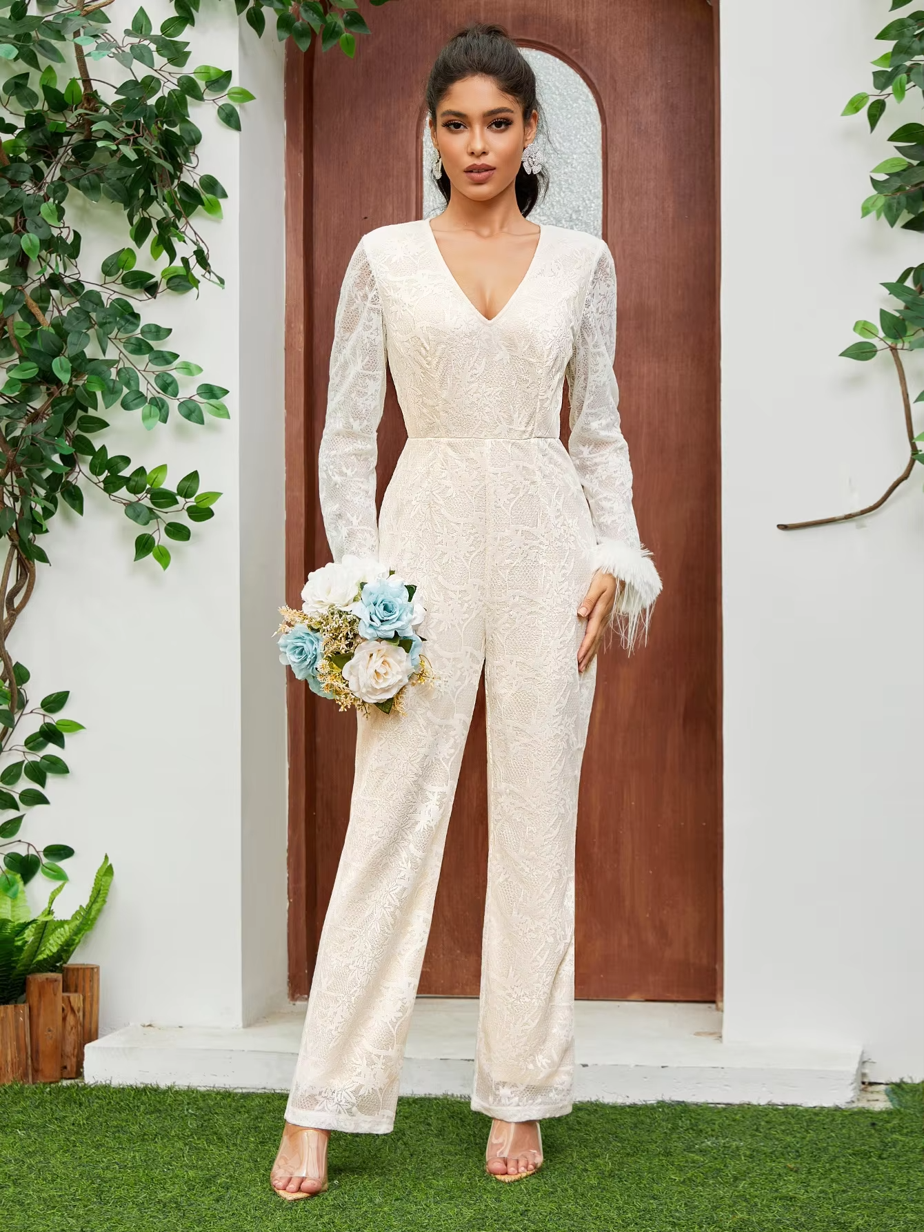 2025 Women's Deep V Lace Jumpsuit – Sexy Long-Sleeve, Above-Knee, New Style for Parties