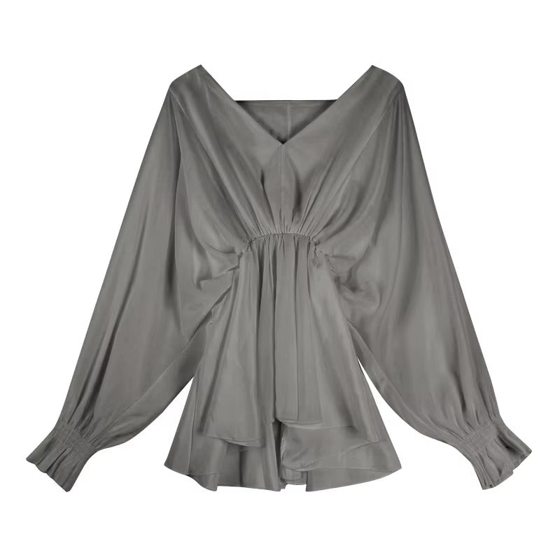 V-Neck Leisure Shirt – New Design, Waist-Cinching, Slimming Fashionable Long-Sleeve Women's Shirt