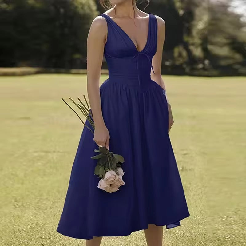 Summer printed dress – V-neck, slim, sexy halter, vacation, elegant empire