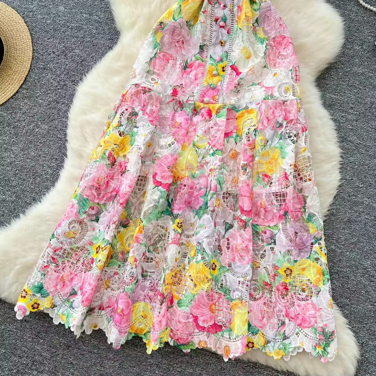 Wholesale vintage satin maxi dress – elegant, floral, natural hook lace, women's